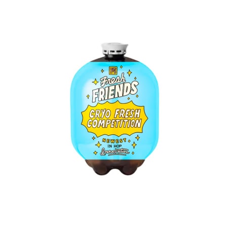 A blue plastic 10L Fresh Friends: Cryo Fresh Competition Oneway Recyclable Keg with yellow and white text, stars, and “Newest in hop innovation” at the bottom, set against a white background.