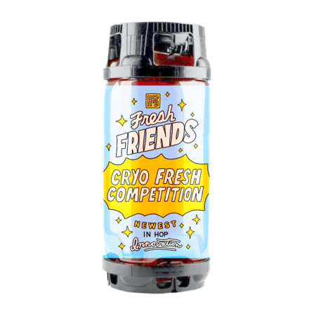 A small black and clear plastic canister labeled “Fresh Friends Cryo Fresh Competition” with colorful, comic-style text and stars, advertising the newest innovation in hop products.