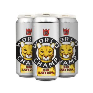 Three silver beer cans labeled "World Champ DDH Hazy DIPA" with an illustrated lion’s face and a red crown logo reading "HB." Perfect for those seeking upcoming beer releases and events or exploring the vibrant Los Angeles beer scene.