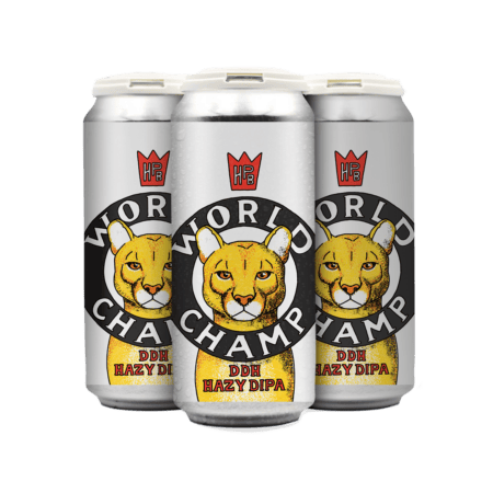 Three silver beer cans labeled "World Champ DDH Hazy DIPA" with an illustrated lion’s face and a red crown logo reading "HB." Perfect for those seeking upcoming beer releases and events or exploring the vibrant Los Angeles beer scene.