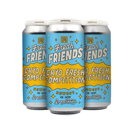 A 4-pack of Fresh Friends: Cryo Fresh Competition beer features cans with blue and yellow labels, playful star decorations, and bold text promoting the newest in hop innovation on a white background.