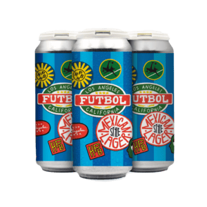 Three blue cans of "Futbol Mexican Style Lager" beer from Los Angeles, California, featuring colorful graphics with suns and soccer themes—perfect for enjoying at upcoming beer releases and events in Los Angeles.