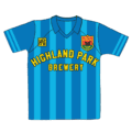 A blue soccer jersey with darker blue vertical stripes, “HIGHLAND PARK BREWERY” in yellow text across the front, a logo patch on the left chest, and an initial patch reading “HPB” on the right chest.