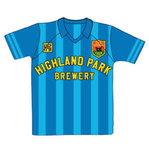 A blue soccer jersey with darker blue vertical stripes, “HIGHLAND PARK BREWERY” in yellow text across the front, a logo patch on the left chest, and an initial patch reading “HPB” on the right chest.