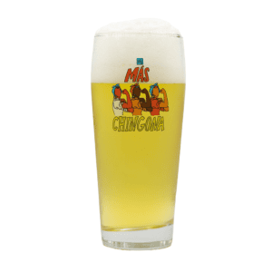 The Mas Chingona Tumbler is a tall glass featuring colorful cartoon illustrations and the phrase "Más Chingona," perfect for serving light beer with a foamy head.