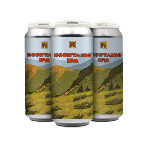 Three cans of Mountains IPA beer with illustrated labels showing grassy hills and mountains under a blue sky, featuring bold red and orange text and the “HB” logo. Stay tuned for updates on this exciting can release from your favorite Los Angeles beer brewery!.