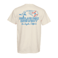 The HPB Baseball Tee is a cream-colored shirt featuring a blue line drawing of a baseball pitcher and "Highland Park Brewery, Los Angeles, California" text on the back.