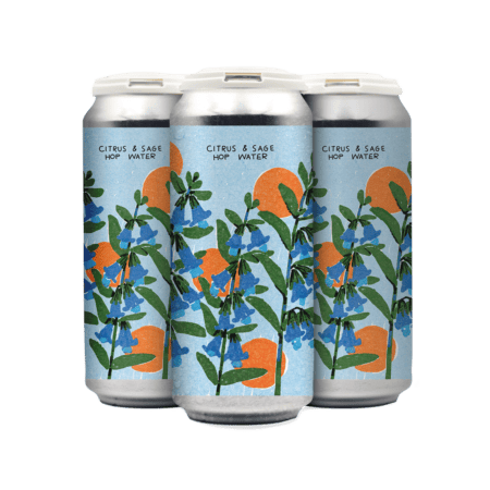 Four cans of Citrus & Sage Hop Water (4 pack) featuring a label with illustrated blue flowers, green leaves, orange shapes on light blue, and "CITRUS & SAGE HOP WATER" at the top.