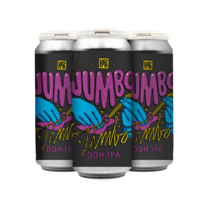 A 4-pack of DDH Jumbo Timbo beer features cans with vibrant labels showing blue hands playing guitar on a black background, bold pink and yellow text, and colorful graphic art.