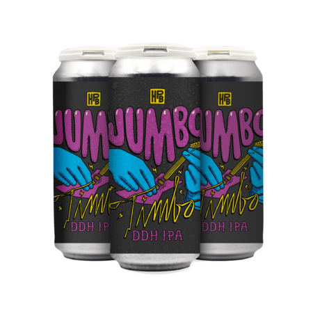 A 4-pack of DDH Jumbo Timbo beer features cans with vibrant labels showing blue hands playing guitar on a black background, bold pink and yellow text, and colorful graphic art.