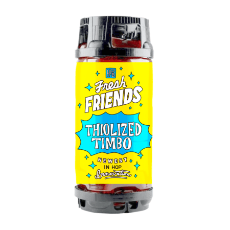 A bright yellow mini beer keg labeled "Fresh Friends Thiolized Timbo" with blue and white starburst designs and the words "Newest in Hop Innovation" printed on the front.