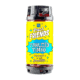 A bright yellow mini beer keg labeled "Fresh Friends Thiolized Timbo" with blue and white starburst designs and the words "Newest in Hop Innovation" printed on the front.