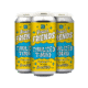 Four cans of Fresh Friends: Thiolized Timbo, featuring bright yellow and blue labels with the tagline “Newest in Hop Innovation,” are arranged side by side on a white background.
