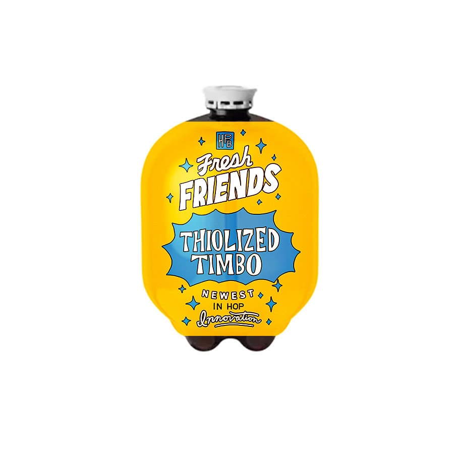 A bright yellow beverage container with a blue starburst label reading "Fresh Friends Thiolized Timbo, Newest in Hop Innovation" on a white background. The container has a gray cap and black base.