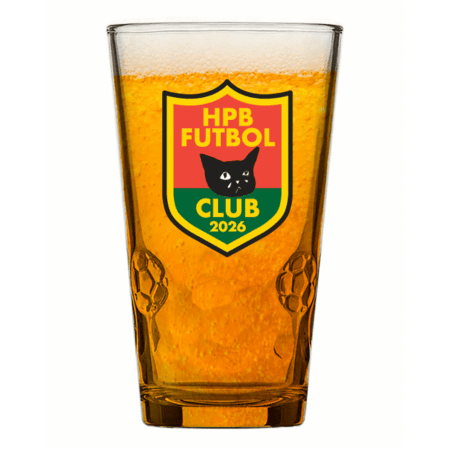 The HPB Futbol Tumbler is a pint glass with amber beer, a crest featuring a black cat, "HPB Futbol Club 2026," and embossed soccer balls on the glass.