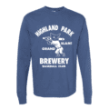 The HPB Baseball Tee (Copy) is a blue long-sleeve shirt featuring a cat with a baseball bat and “Highland Park Brewery Grand Slam! Baseball Club” in bold white text above and below the graphic.
