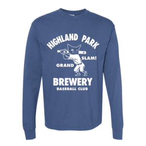 The HPB Baseball Tee (Copy) is a blue long-sleeve shirt featuring a cat with a baseball bat and “Highland Park Brewery Grand Slam! Baseball Club” in bold white text above and below the graphic.