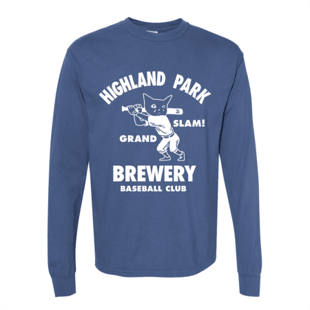 The HPB Baseball Tee (Copy) is a blue long-sleeve shirt featuring a cat with a baseball bat and “Highland Park Brewery Grand Slam! Baseball Club” in bold white text above and below the graphic.