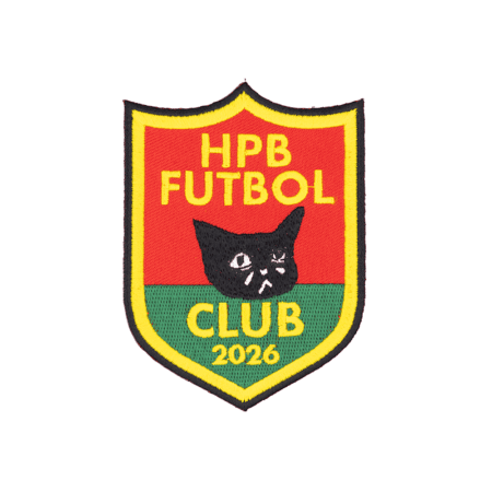The HPB Futbol Patch is a shield-shaped patch with a yellow border, red and green background, yellow "HPB FUTBOL CLUB 2026" text, and a black cat's face at the center.