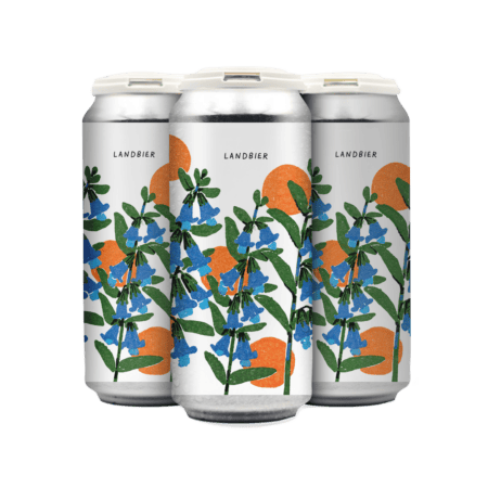 A 4-pack of Landbier with white labels adorned with colorful blue and green flowers and orange abstract shapes, displayed side by side against a white background.
