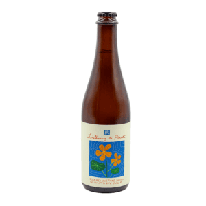 A brown glass bottle labeled “Listening to Plants (2026) [Monkish Collab]” features orange flowers and green leaves on a blue background and reads “Mixed Culture Plum with Peach Sage.”.