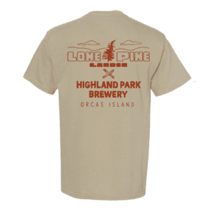 The Lone Pine x HPB Tee is a beige shirt with red text and graphics on the back, showcasing a pine tree, clouds, crossed paddles, and the words “Lone Pine Larder,” “Highland Park Brewery,” and “Orcas Island.”.