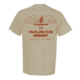 The Lone Pine x HPB Tee is a beige shirt with red text and graphics on the back, showcasing a pine tree, clouds, crossed paddles, and the words “Lone Pine Larder,” “Highland Park Brewery,” and “Orcas Island.”.