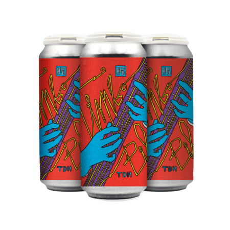 Three DDH Jumbo Timbo cans from a 4 pack are arranged in a row against a white background. Each can features bold, colorful abstract art with red labels, blue hands playing a guitar, and the letters "HB" and "TDH.