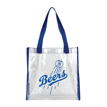 The HPB Beers! Clear Stadium Tote Bag is a clear plastic bag with blue handles and trim, featuring "Beers" and a blue baseball graphic printed on the front.