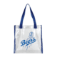 The HPB Beers! Clear Stadium Tote Bag is a clear plastic bag with blue handles and trim, featuring "Beers" and a blue baseball graphic printed on the front.