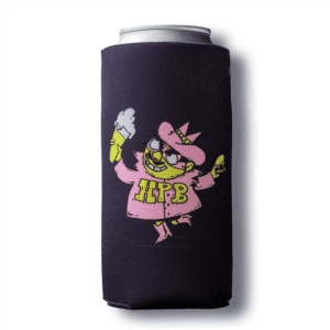 A can in the black Burger Burger Koozie, which features a cartoon character wearing a pink coat and hat, holding an ice cream cone, with the letters "HPB" on the coat.