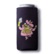 A can in the black Burger Burger Koozie, which features a cartoon character wearing a pink coat and hat, holding an ice cream cone, with the letters "HPB" on the coat.