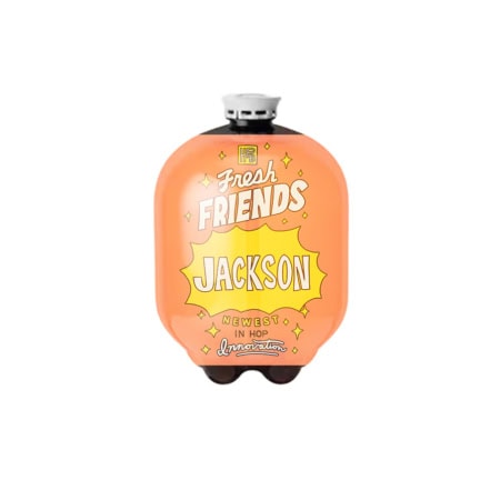 An orange 10L Oneway Recyclable Keg labeled "Fresh Friends: Jackson" features yellow and white text with star accents, showcasing the newest in hop innovation on a white background.