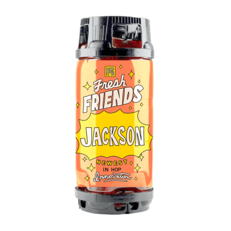 A bright orange beer keg labeled “Fresh Friends: Thiolized Timbo” with yellow stars and comic-style text, featuring “Newest in hop innovation” on the front, available in a 20L Oneway Recyclable Keg.