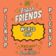 Bold orange graphic featuring dynamic white and yellow text: “Fresh Friends (Pickup) Month Subscription: TWO 4 PACK/MO.” The word “PICKUP” appears vertically on each side. At the bottom, “Newest in hop innovation” is highlighted among stars and sparkles for added flair.