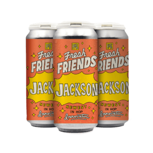 Four cans of Fresh Friends: Jackson beer with bright red and yellow comic-style labels featuring the word "JACKSON" in bold, surrounded by stars and bursts, on a white background. Four cans of Fresh Friends: Jackson beer with bright red and yellow comic-style labels featuring the word "JACKSON" in bold, surrounded by stars and bursts, on a white background.