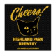 A black square bar mat featuring yellow text that says "Cheers!" above a sad cat’s face, with "Highland Park Brewery, Los Angeles, California" printed underneath. Product name: HPB Sad Cat Cheers! Bar Mat.
