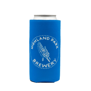 A can in a bright blue Timbones Hands Koozie with "Highland Park Brewery" and a skeleton hand design printed in white on the front.