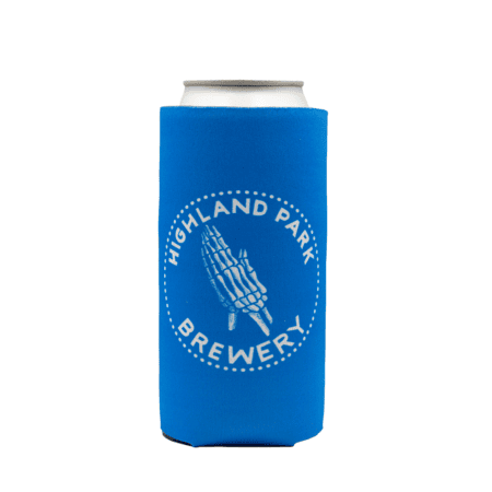 A can in a bright blue Timbones Hands Koozie with "Highland Park Brewery" and a skeleton hand design printed in white on the front.