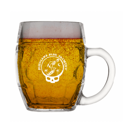 A clear Timbo mug filled with amber beer and foam, featuring the Highland Park Brewery logo with a skull and crossed paddle and mash rake on the front.