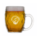 A clear Timbo mug filled with amber beer and foam, featuring the Highland Park Brewery logo with a skull and crossed paddle and mash rake on the front.