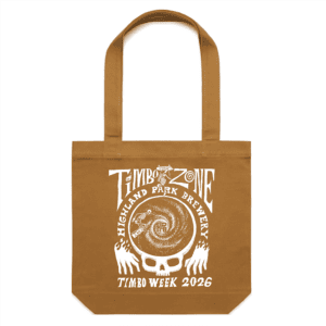 The TimboZone Tote Bag features a brown base with a white graphic of a skull, hands, swirling patterns, and the words "Timbo Zone," "Highland Park Brewery," and "Timbo Week 2026.