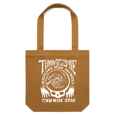 The TimboZone Tote Bag features a brown base with a white graphic of a skull, hands, swirling patterns, and the words "Timbo Zone," "Highland Park Brewery," and "Timbo Week 2026.
