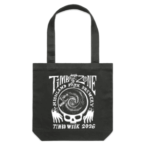 A camel-colored TimboZone Tote Bag featuring white artwork of a snake coiled around a skull and bold "Timbo Zone," "Highland Park Brewery," and "Timbo Week 2026" text.