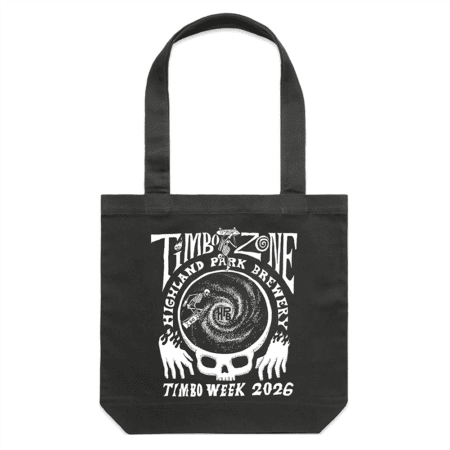 A camel-colored TimboZone Tote Bag featuring white artwork of a snake coiled around a skull and bold "Timbo Zone," "Highland Park Brewery," and "Timbo Week 2026" text.