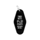 Timbo Week 2026 Keychain: Black motel-style keychain with white "TIMBO MOTEL AN OASIS IN HELL" text and a skeleton relaxing in a hammock between two palm trees.
