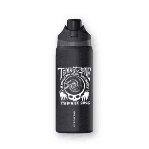The Timbo Week 2026 Water Bottle is black with a flip-top lid, white "Timbo Zone," "Highland Park Brewery," and "Timbo Week 2026" graphics, plus the Hydrapeak brand at the bottom.