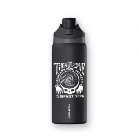 The Timbo Week 2026 Water Bottle is black with a flip-top lid, white "Timbo Zone," "Highland Park Brewery," and "Timbo Week 2026" graphics, plus the Hydrapeak brand at the bottom.