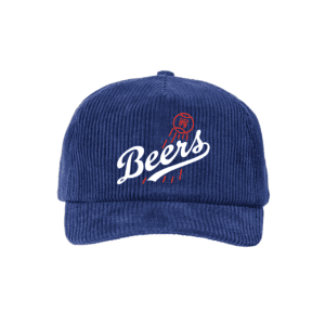 The Beers! Corduroy Hat is a blue baseball cap featuring “Beers” and a red bottle cap graphic embroidered on the front.