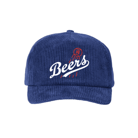 The Beers! Corduroy Hat is a blue baseball cap featuring “Beers” and a red bottle cap graphic embroidered on the front.
